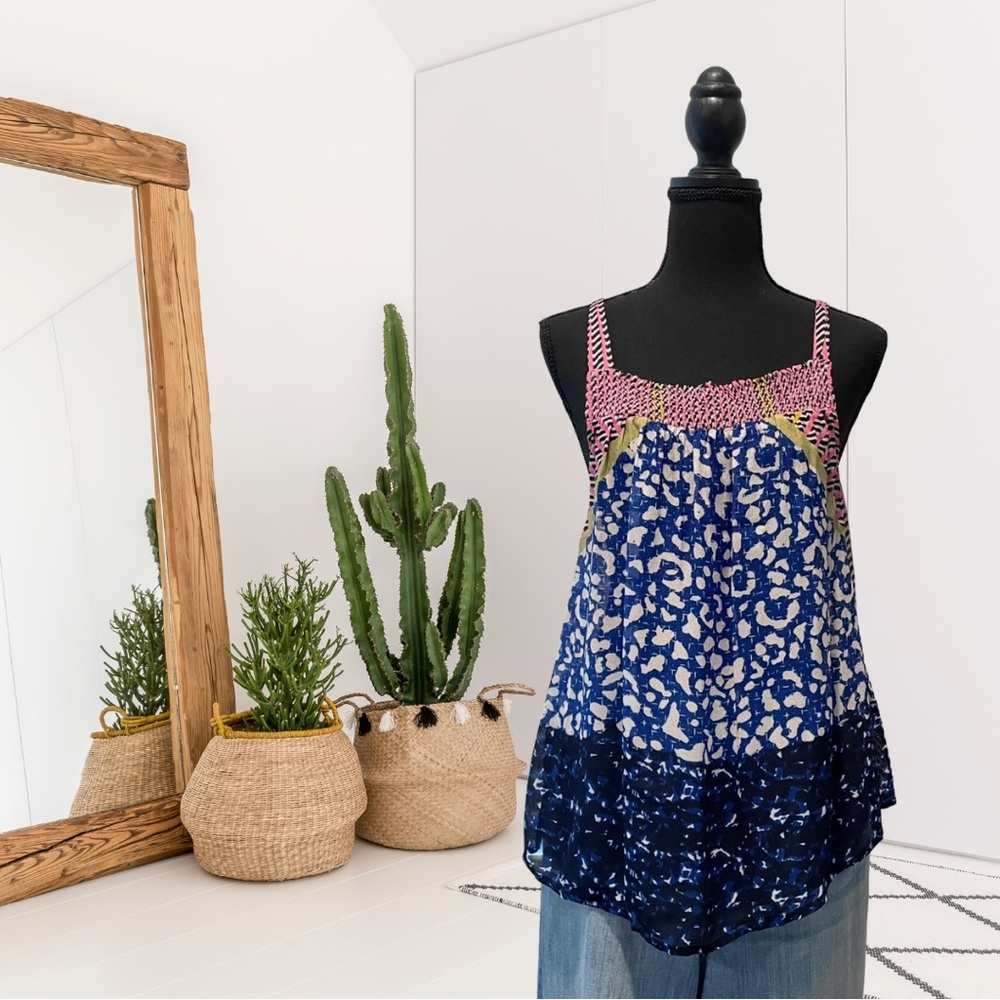 Conditions Apply Geometric Leopard Print Smocked Neckline Tank Top